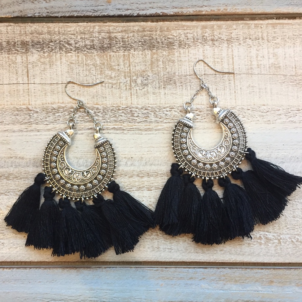 Elegant Black and Silver Tassel Earrings